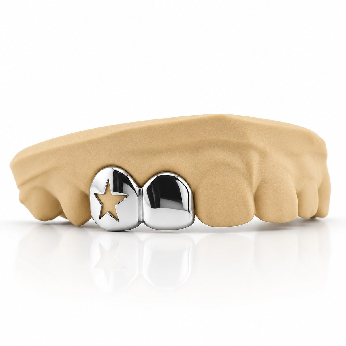 Custom 2pc top grillz with star cutout and solid cap, white 925 sterling silver - angle 2