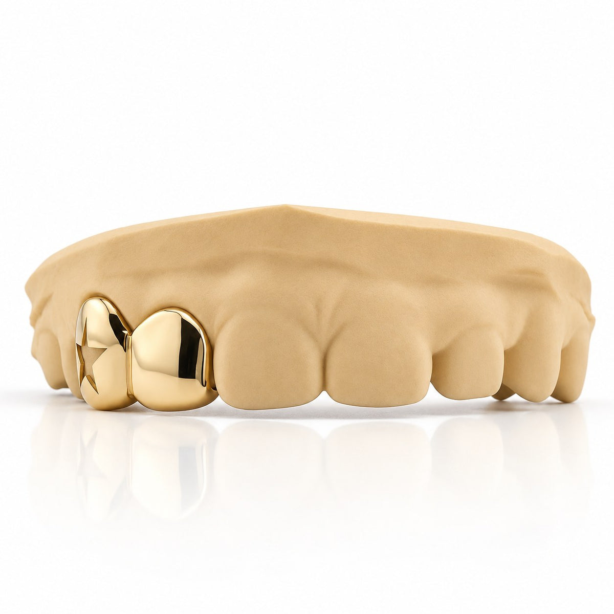 Custom 2pc top grillz with star cutout and solid cap, yellow gold plated 925 silver - angle 3