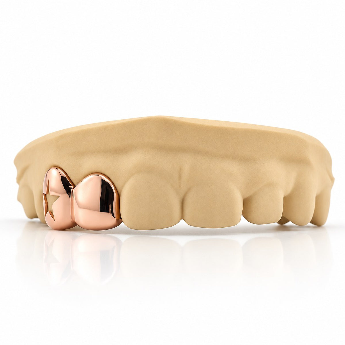Custom 2pc top grillz with star cutout and solid cap, rose gold plated 925 silver - angle 3