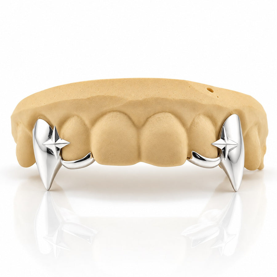 Custom 4pcs Star x Extended Fangs Grillz: 925 Sterling Silver (Free Mold Kit)