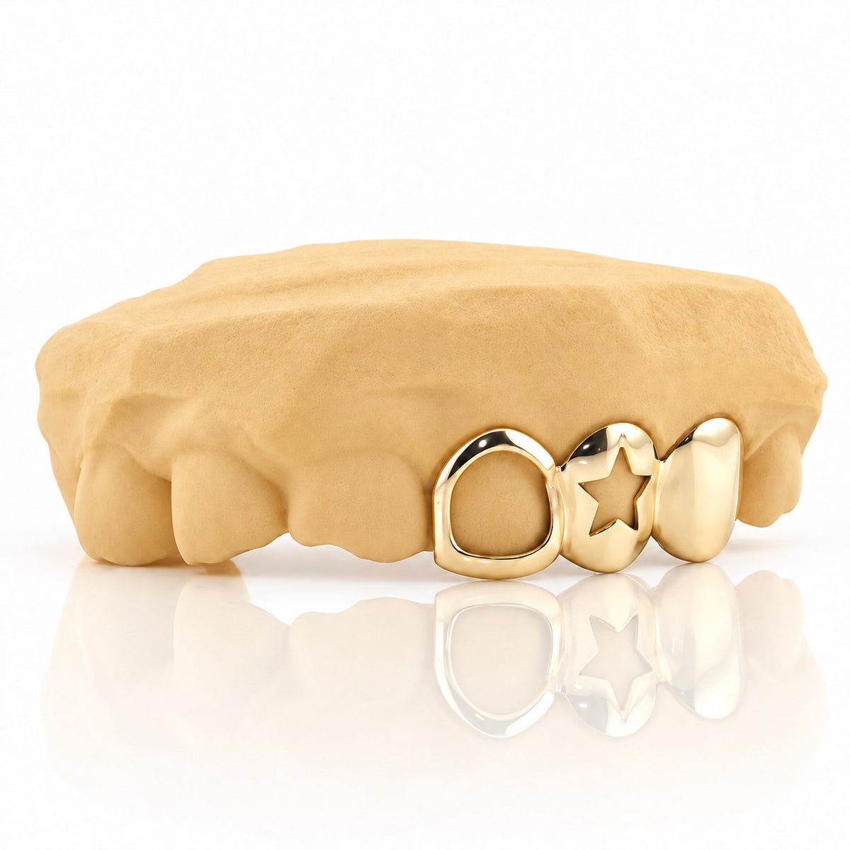 Custom 3pc top grillz with open face, open star cutout and solid cap, yellow gold plated 925 silver - angle 1