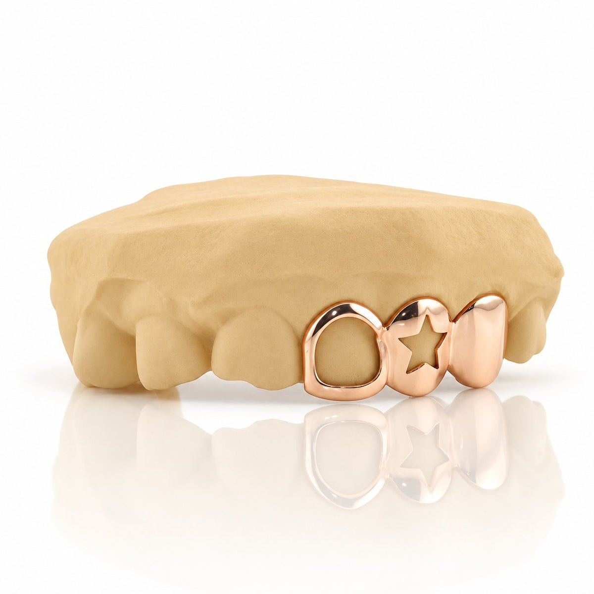 Custom 3pc top grillz with open face, open star cutout and solid cap, rose gold plated 925 silver - angle 1