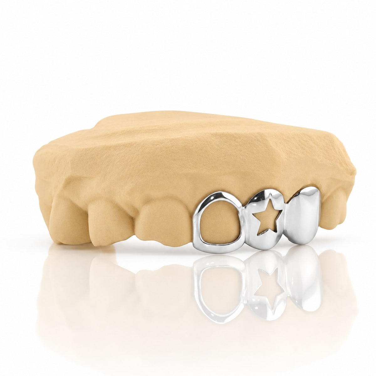 Custom 3pc top grillz with open face, open star cutout and solid cap, white 925 sterling silver - angle 1