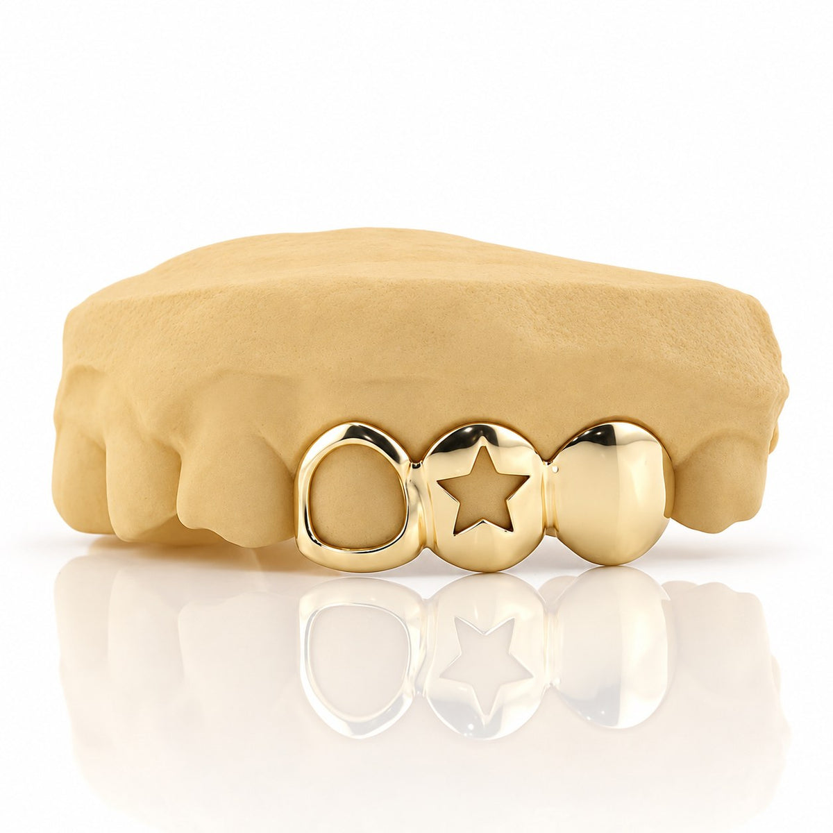Custom 3pc top grillz with open face, open star cutout and solid cap, yellow gold plated 925 silver - angle 2
