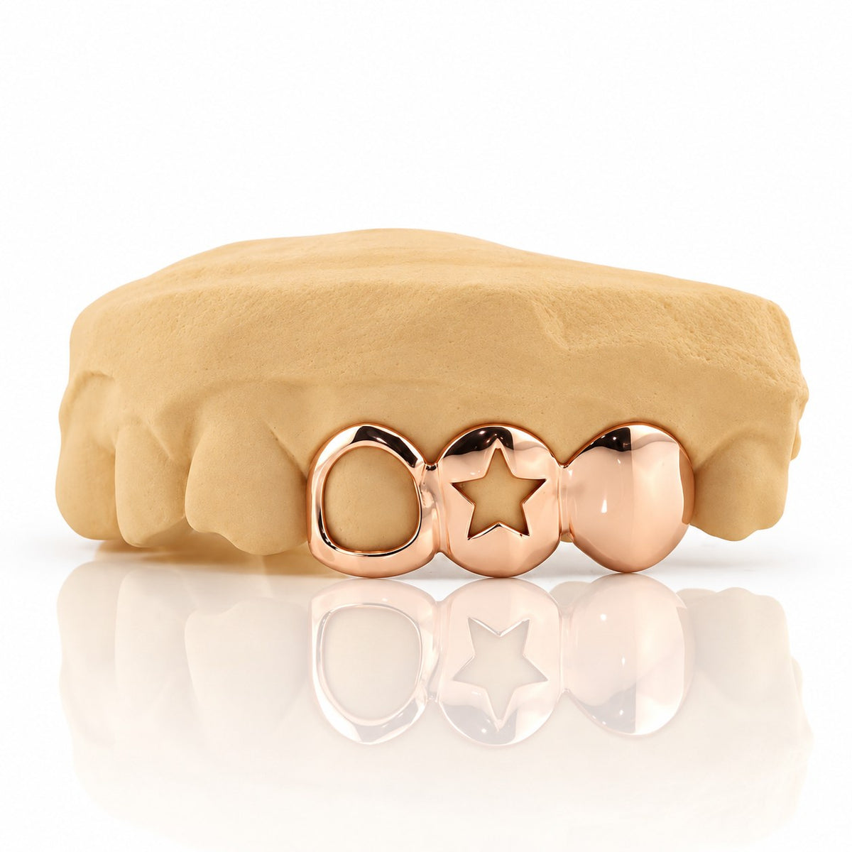 Custom 3pc top grillz with open face, open star cutout and solid cap, rose gold plated 925 silver - angle 2