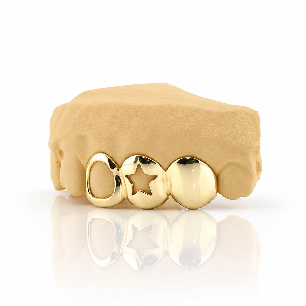 Custom 3pc top grillz with open face, open star cutout and solid cap, yellow gold plated 925 silver - angle 3
