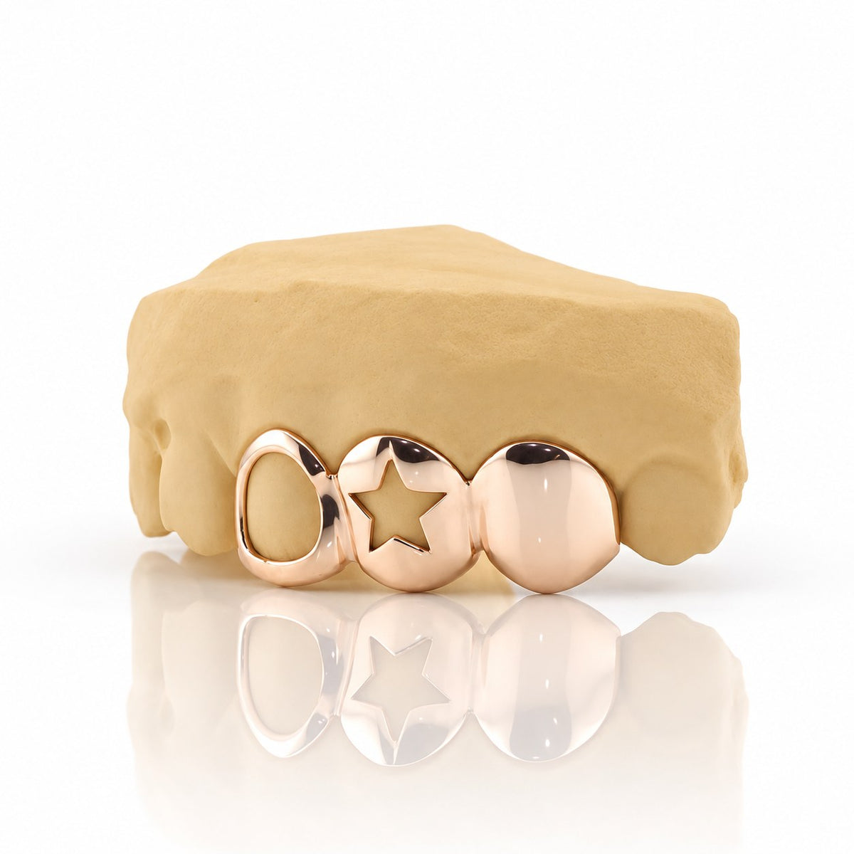 Custom 3pc top grillz with open face, open star cutout and solid cap, rose gold plated 925 silver - angle 3