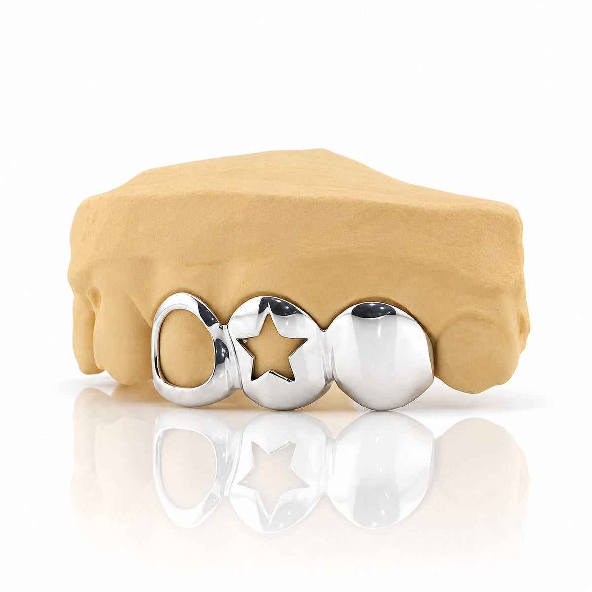 Custom 3pc top grillz with open face, open star cutout and solid cap, white 925 sterling silver - angle 3