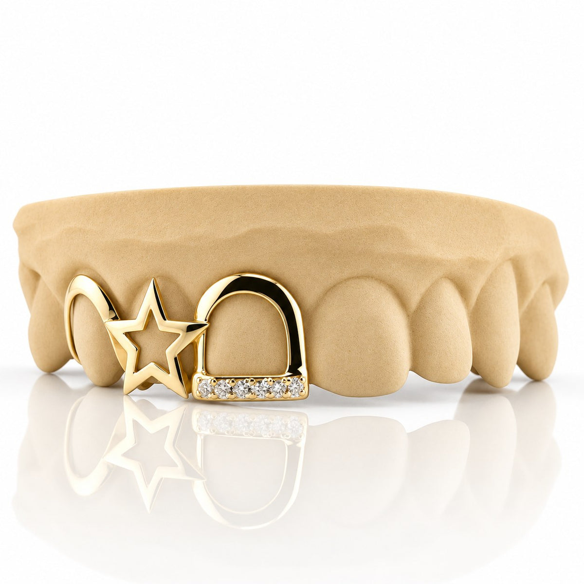 Custom 3pc top grillz with open star and pave open face, yellow gold plated 925 silver - angle 1