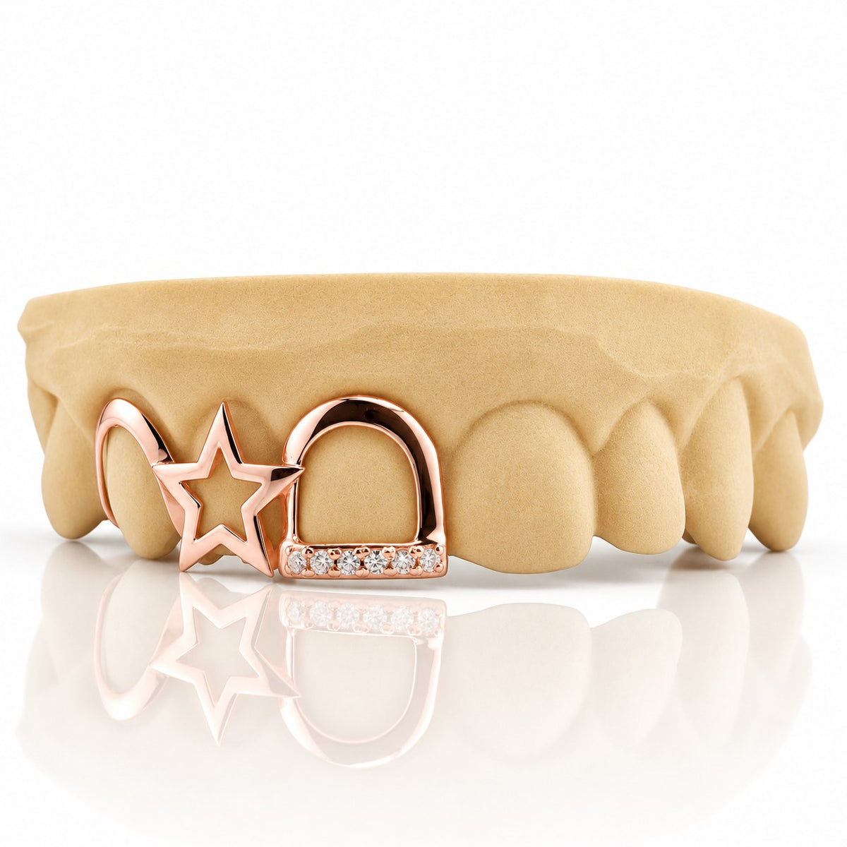 Custom 3pc top grillz with open star and pave open face, rose gold plated 925 silver - angle 1
