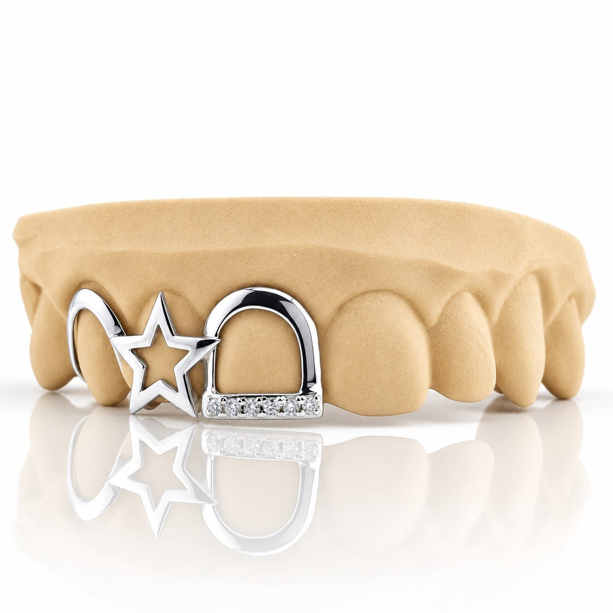 Custom 3pc top grillz with open star and pave open face, white 925 sterling silver - angle 1