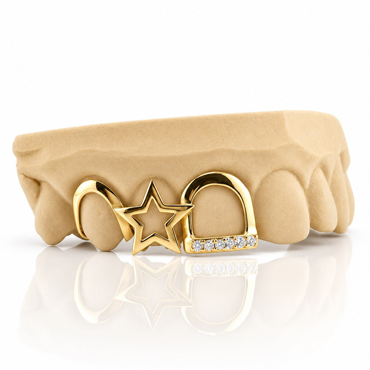 Custom 3pc top grillz with open star and pave open face, yellow gold plated 925 silver - angle 2
