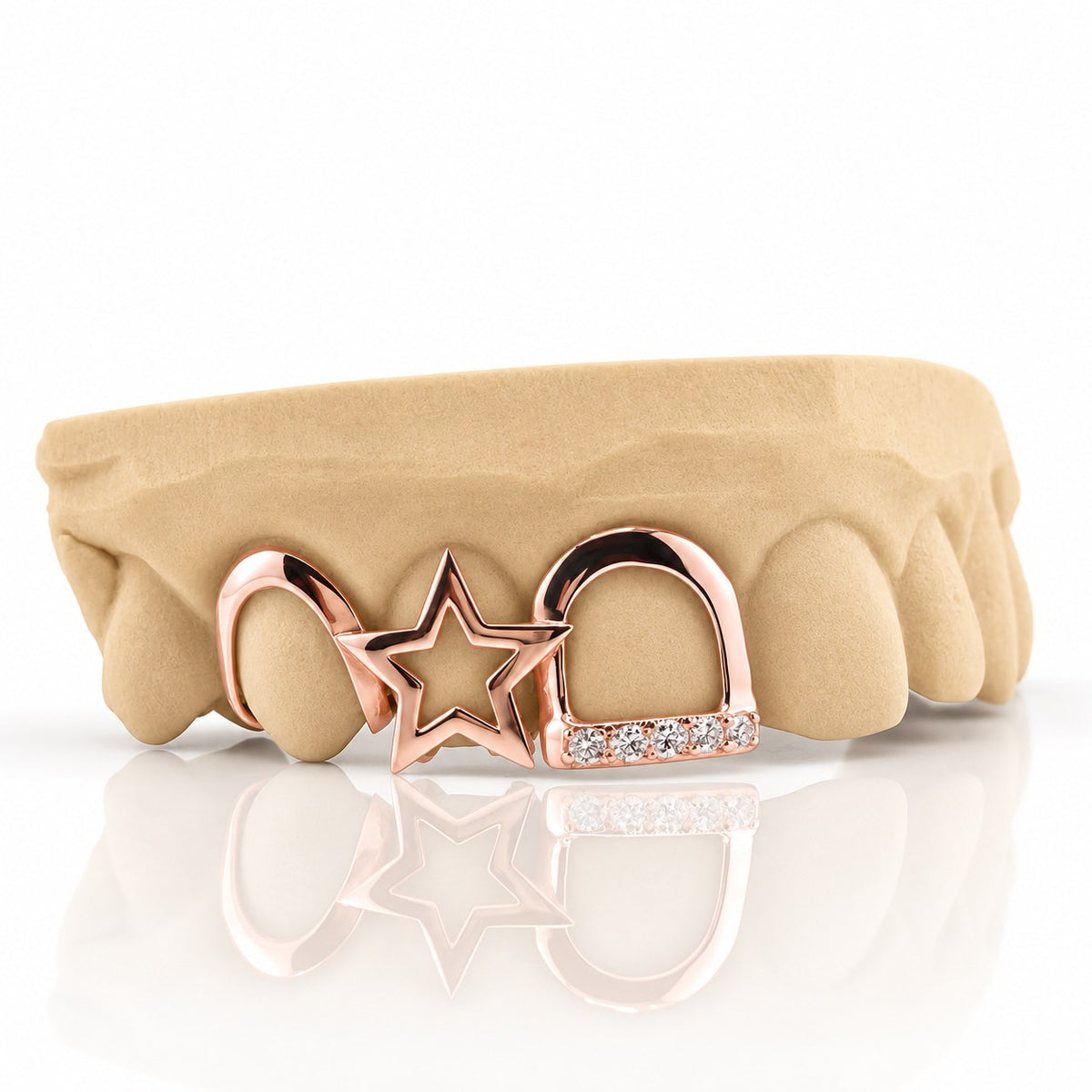 Custom 3pc top grillz with open star and pave open face, rose gold plated 925 silver - angle 2
