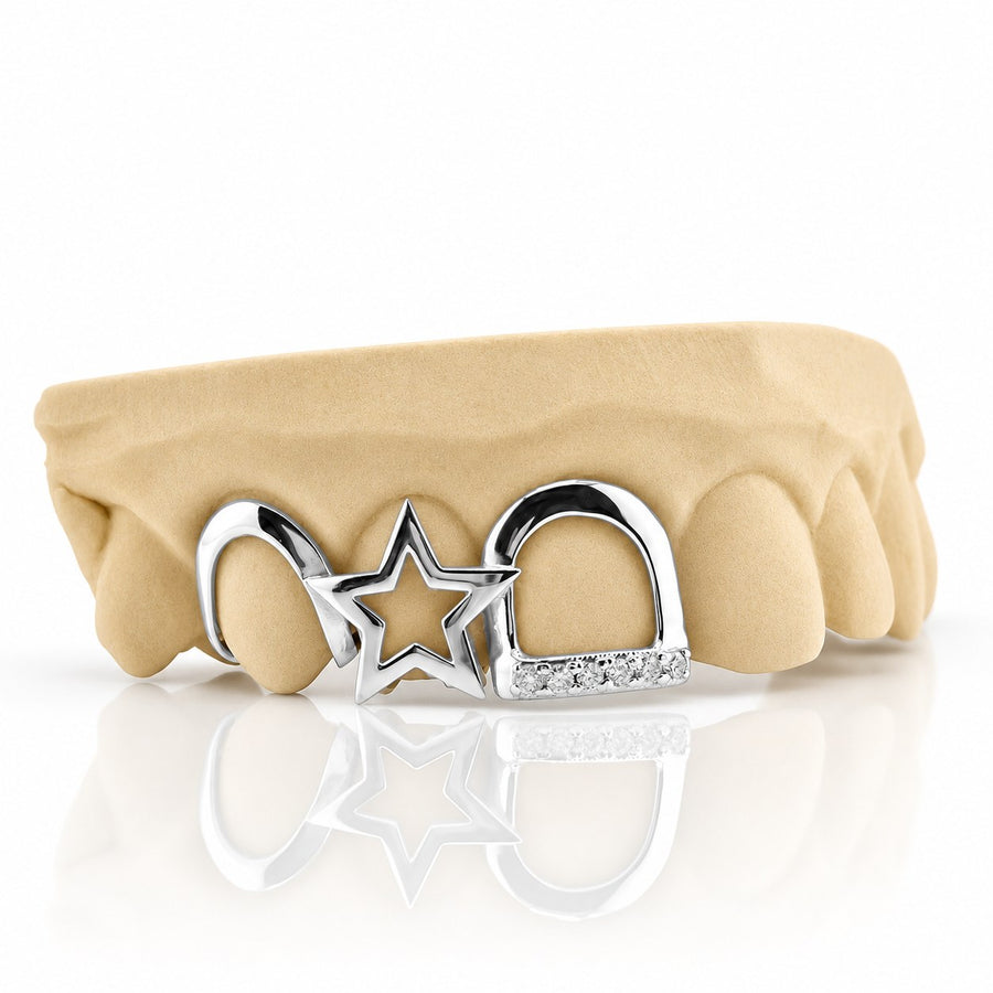 Custom 3pc top grillz with open star and pave open face, white 925 sterling silver - angle 2