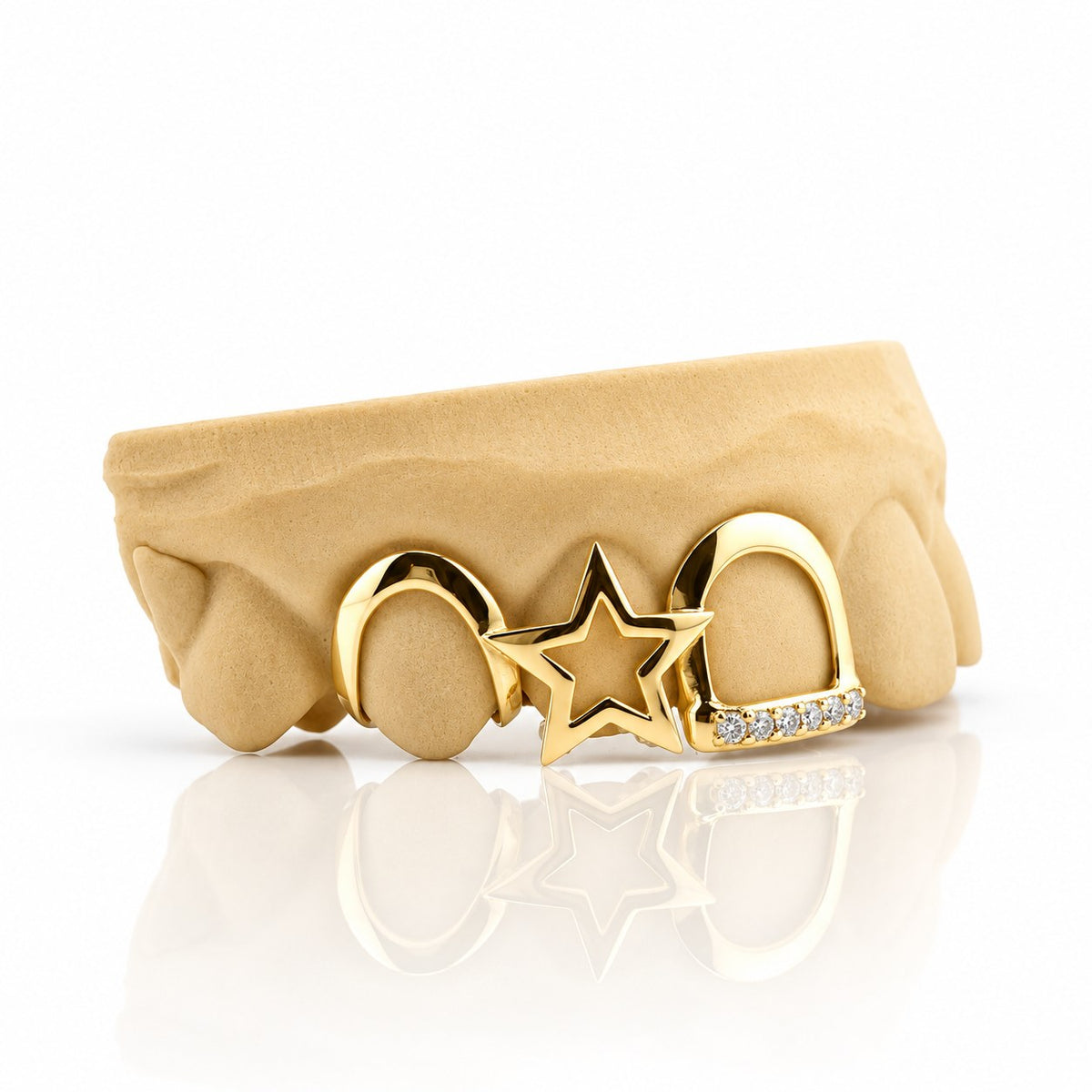 Custom 3pc top grillz with open star and pave open face, yellow gold plated 925 silver - angle 3