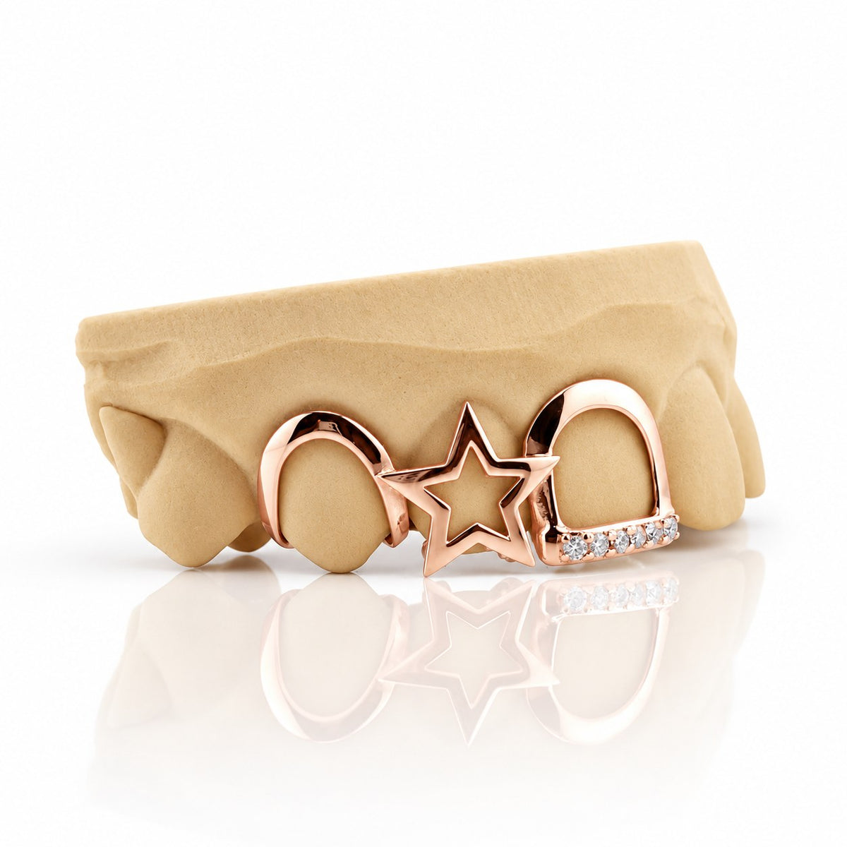 Custom 3pc top grillz with open star and pave open face, rose gold plated 925 silver - angle 3