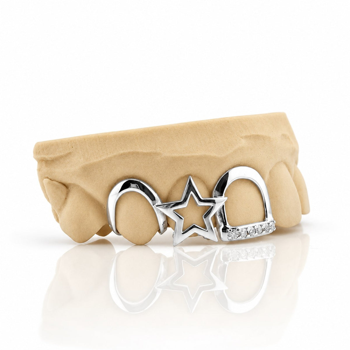 Custom 3pc top grillz with open star and pave open face, white 925 sterling silver - angle 3