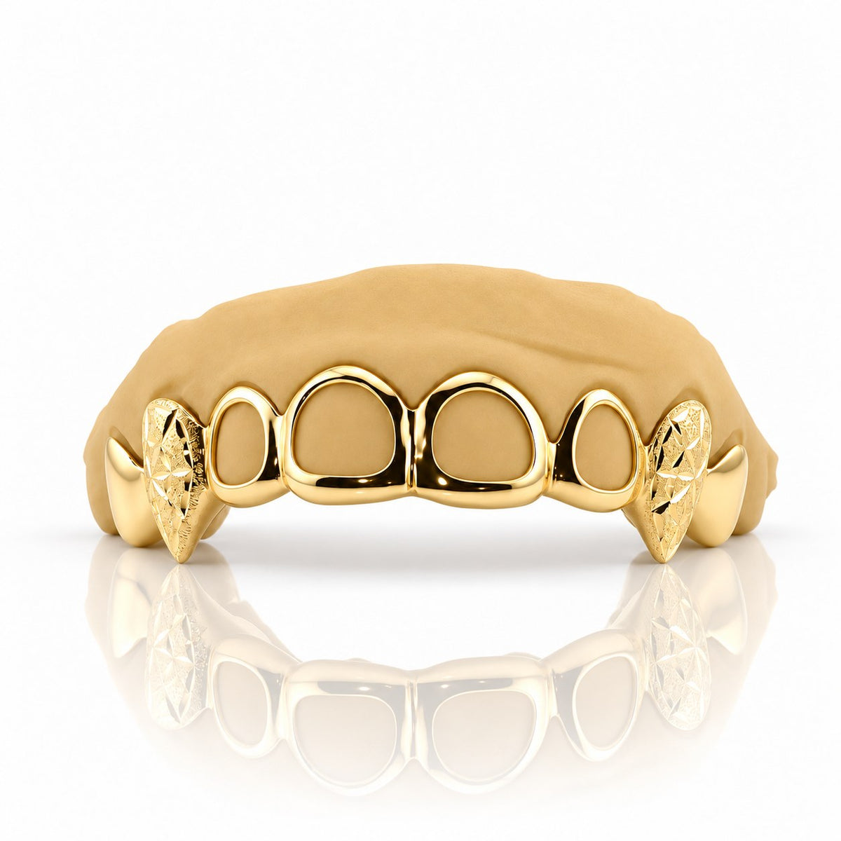 Custom 6pc top grillz with open face and starburst cut fangs, yellow gold plated 925 silver - angle 1
