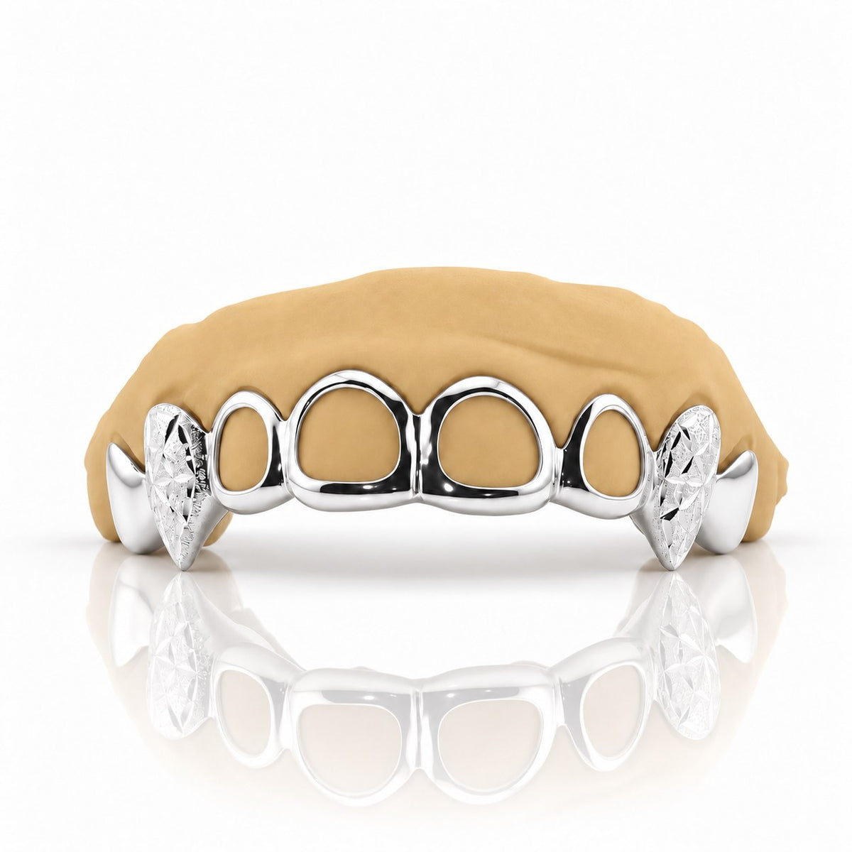 Custom 6pc top grillz with open face and starburst cut fangs, white 925 sterling silver - angle 1