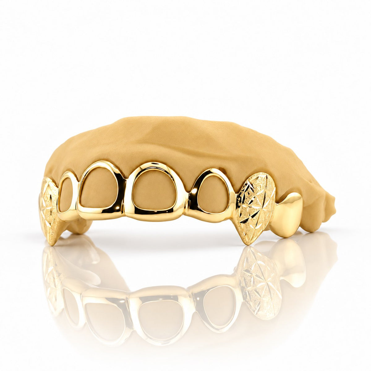 Custom 6pc top grillz with open face and starburst cut fangs, yellow gold plated 925 silver - angle 2