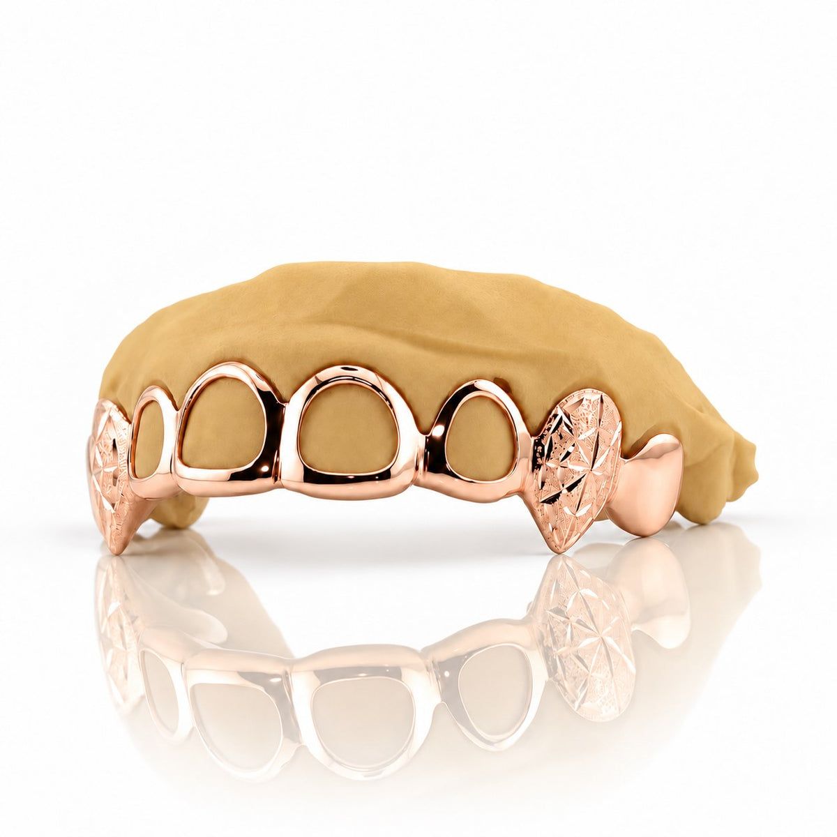 Custom 6pc top grillz with open face and starburst cut fangs, rose gold plated 925 silver - angle 2