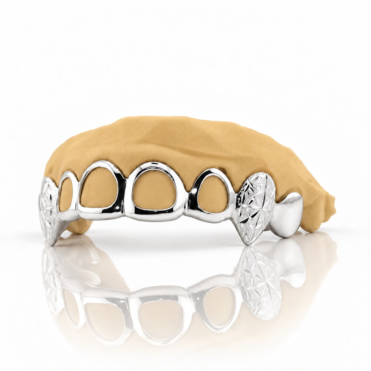 Custom 6pc top grillz with open face and starburst cut fangs, white 925 sterling silver - angle 2