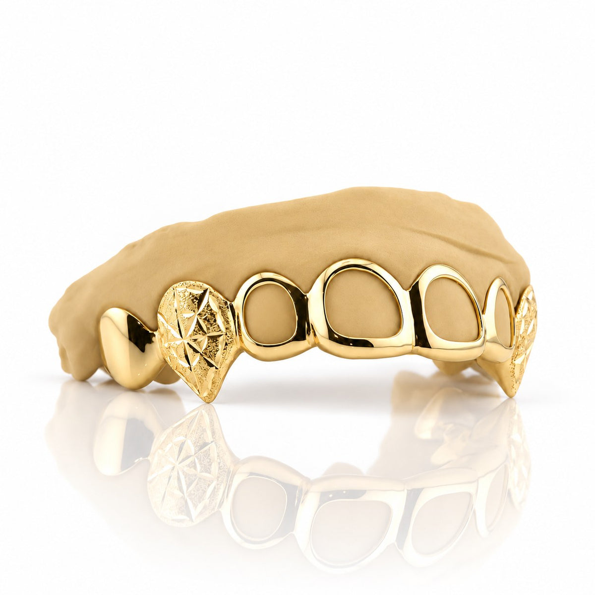 Custom 6pc top grillz with open face and starburst cut fangs, yellow gold plated 925 silver - angle 3