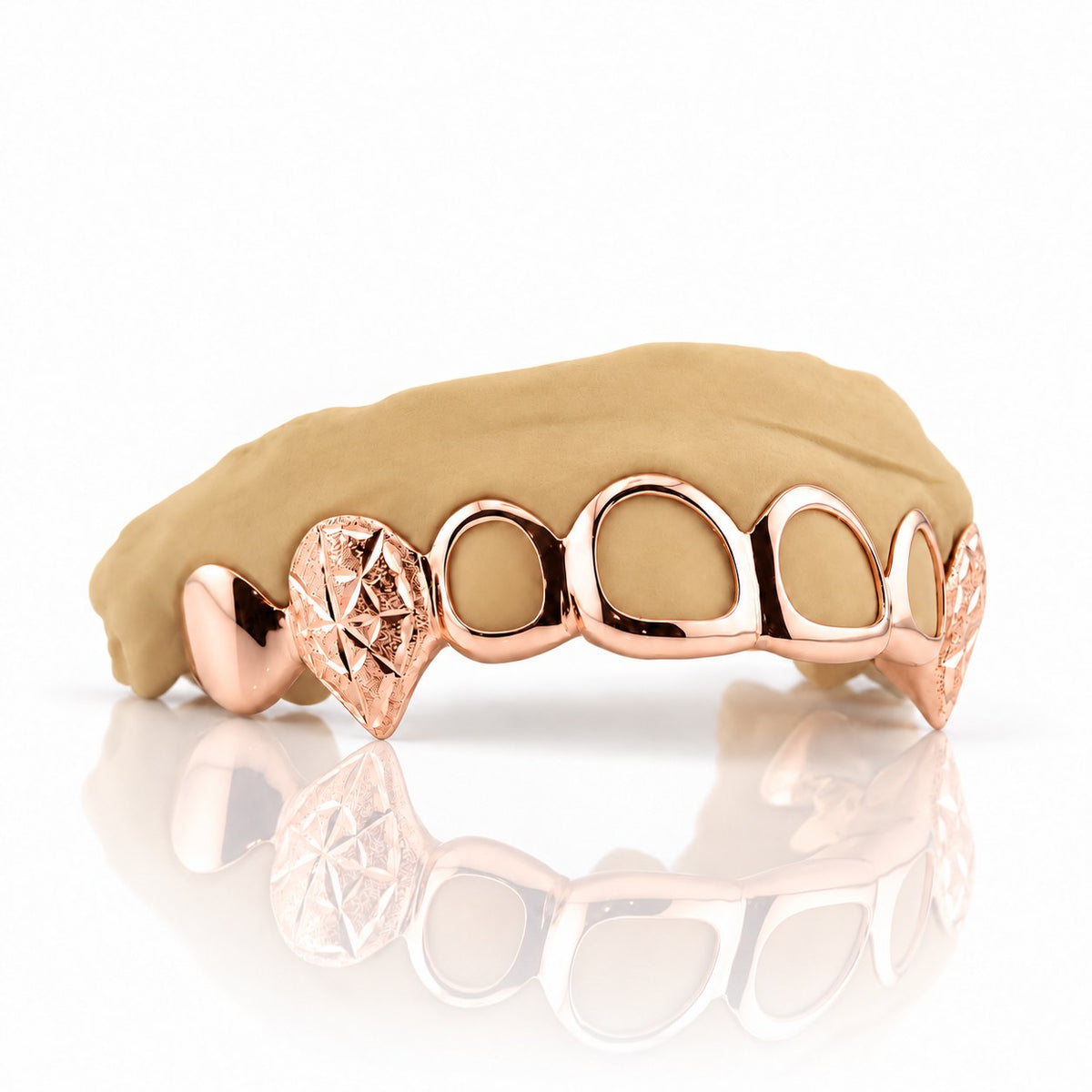Custom 6pc top grillz with open face and starburst cut fangs, rose gold plated 925 silver - angle 3