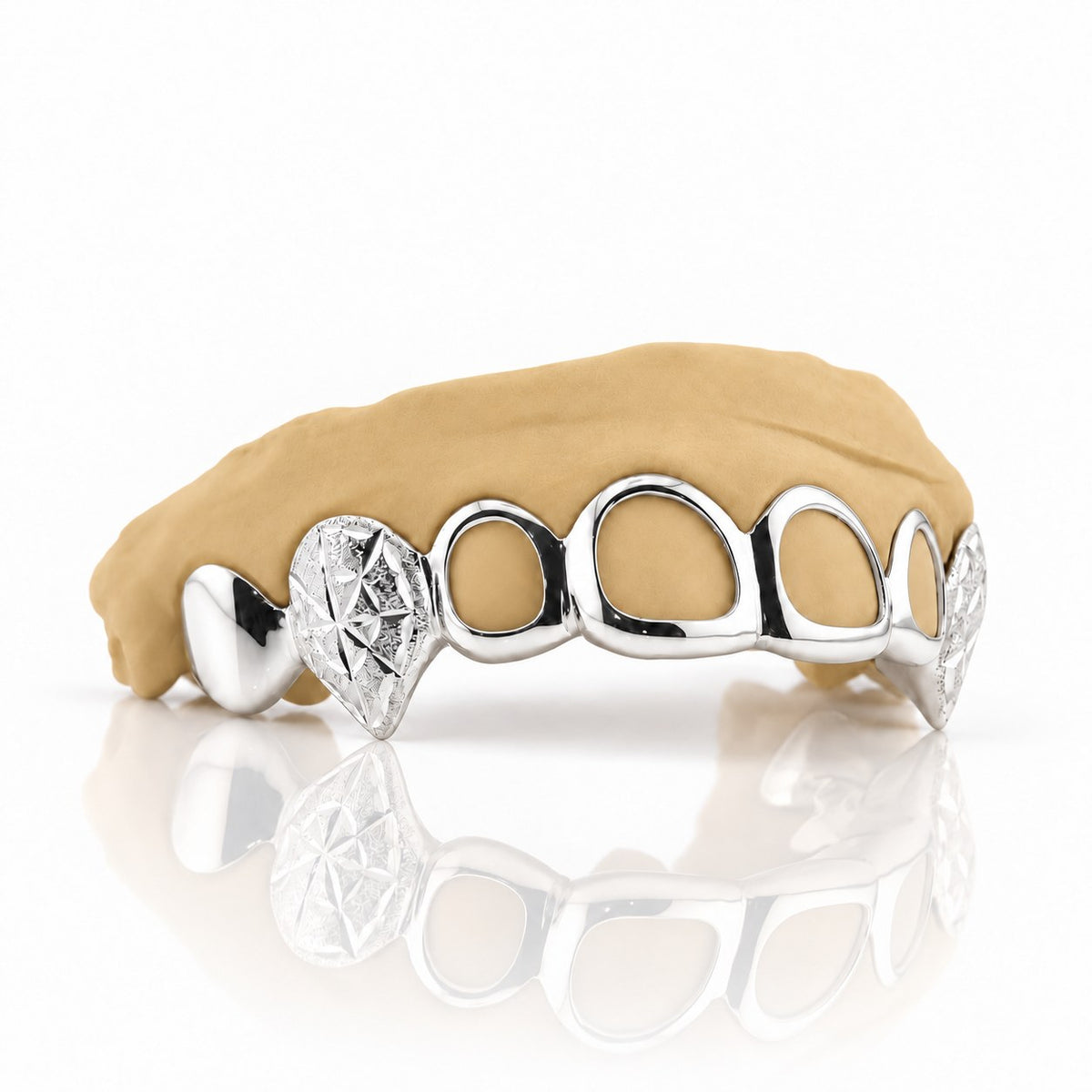Custom 6pc top grillz with open face and starburst cut fangs, white 925 sterling silver - angle 3