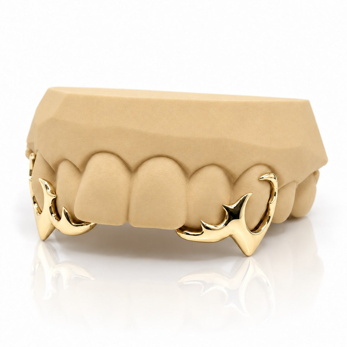 Custom 4pc top grillz with tribal open face and extended fangs, yellow gold plated 925 silver - angle 1