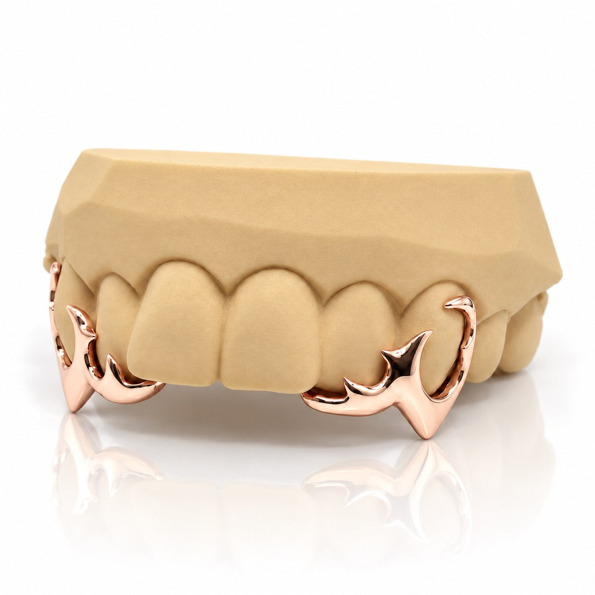 Custom 4pc top grillz with tribal open face and extended fangs, rose gold plated 925 silver - angle 1
