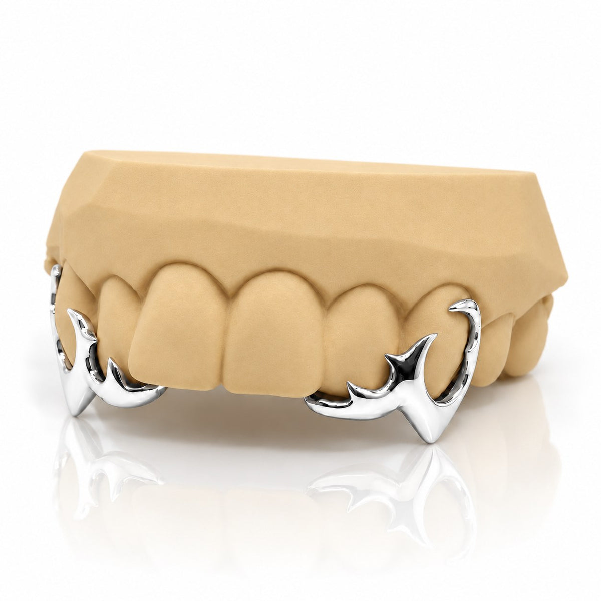Custom 4pc top grillz with tribal open face and extended fangs, white 925 sterling silver - angle 1
