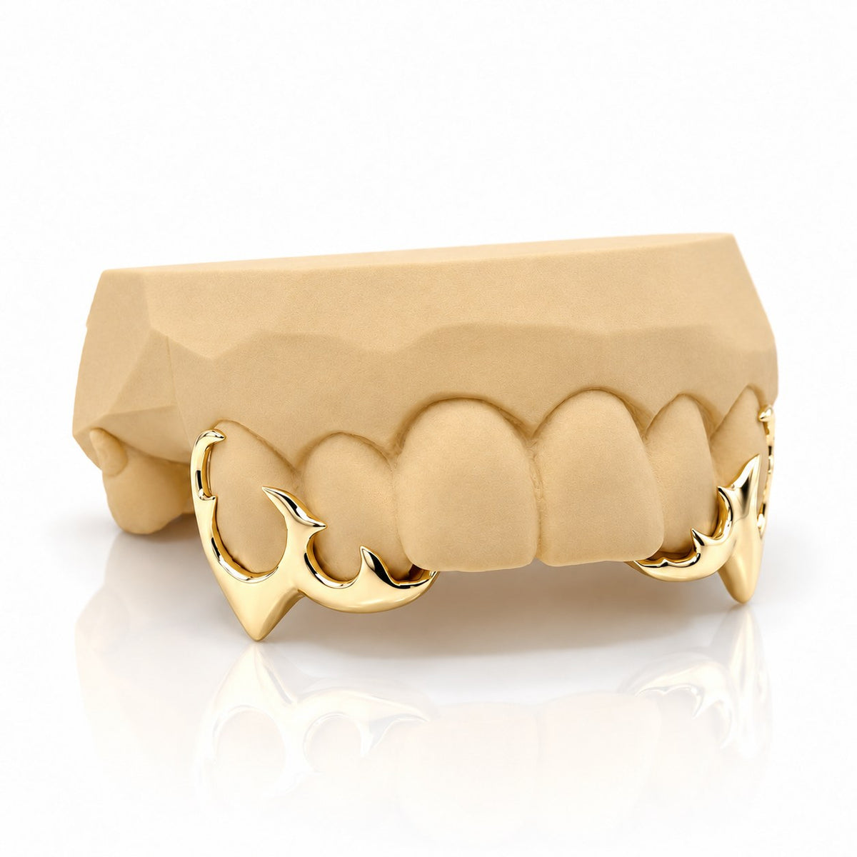 Custom 4pc top grillz with tribal open face and extended fangs, yellow gold plated 925 silver - angle 2