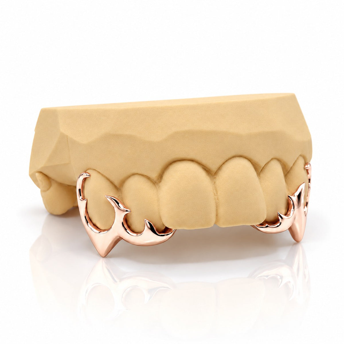 Custom 4pc top grillz with tribal open face and extended fangs, rose gold plated 925 silver - angle 2