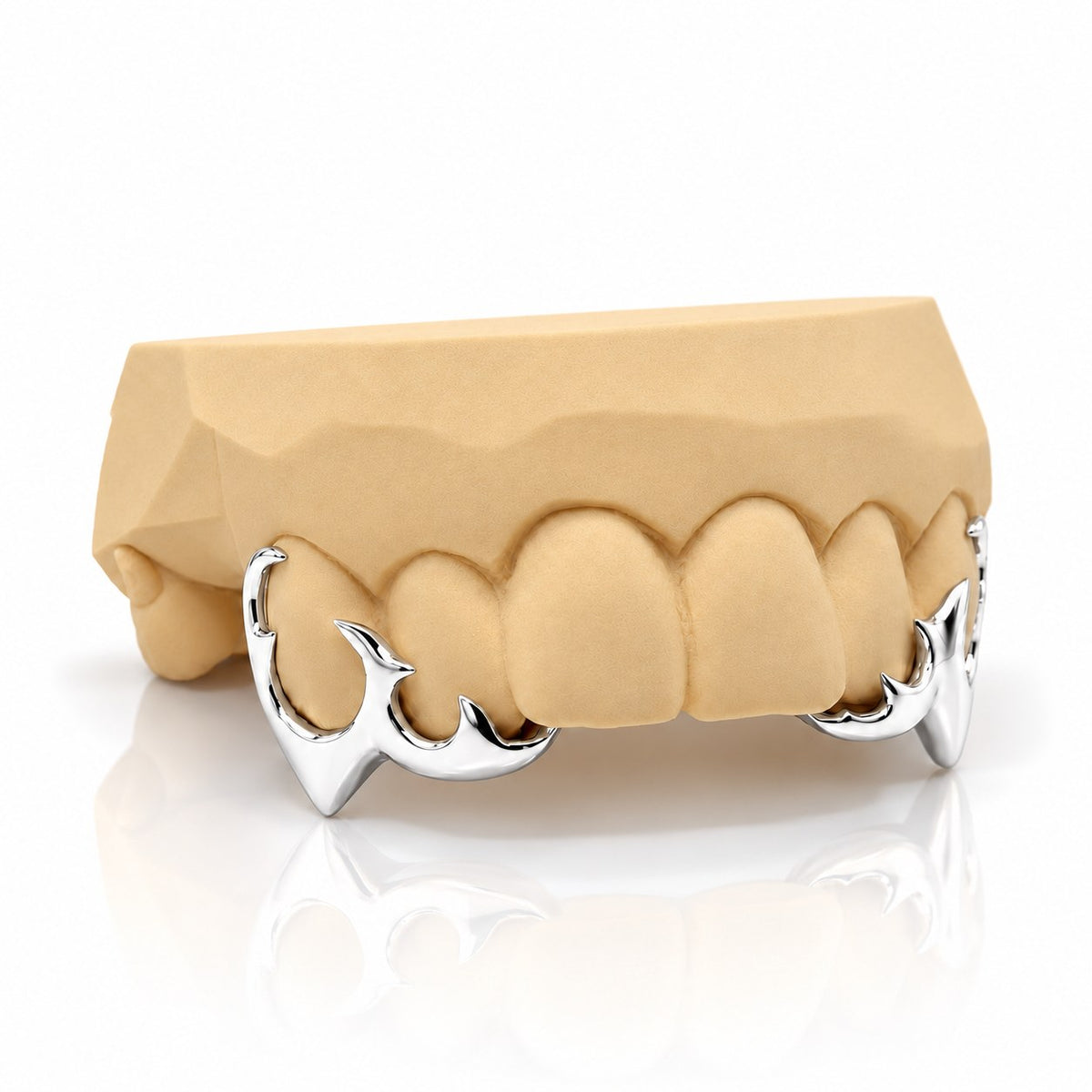 Custom 4pc top grillz with tribal open face and extended fangs, white 925 sterling silver - angle 2