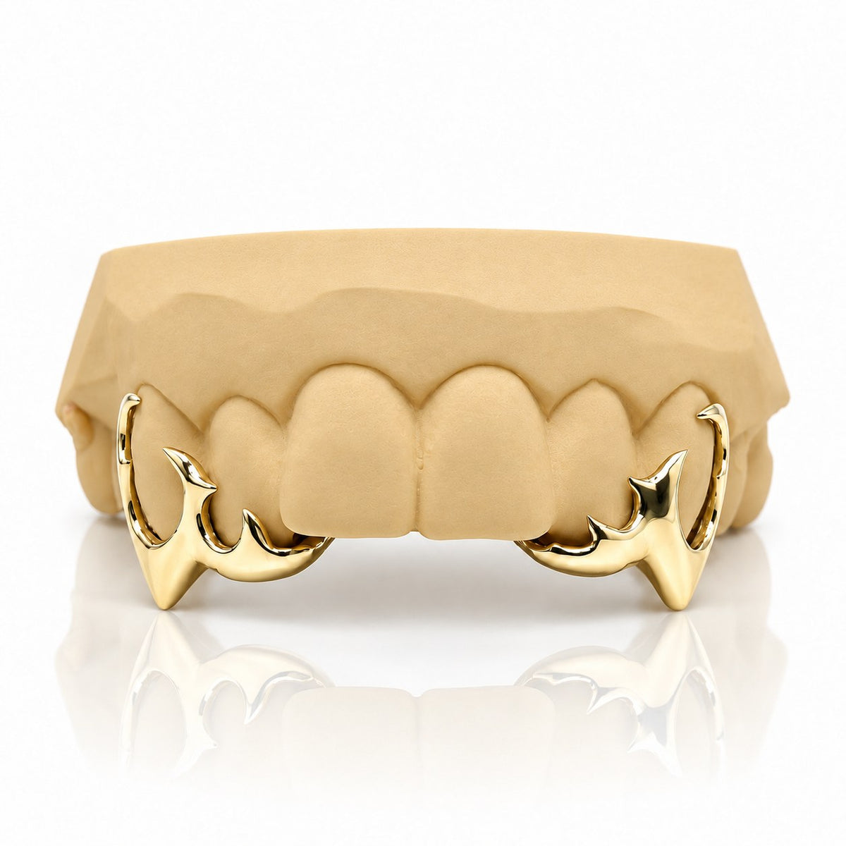 Custom 4pc top grillz with tribal open face and extended fangs, yellow gold plated 925 silver - angle 3
