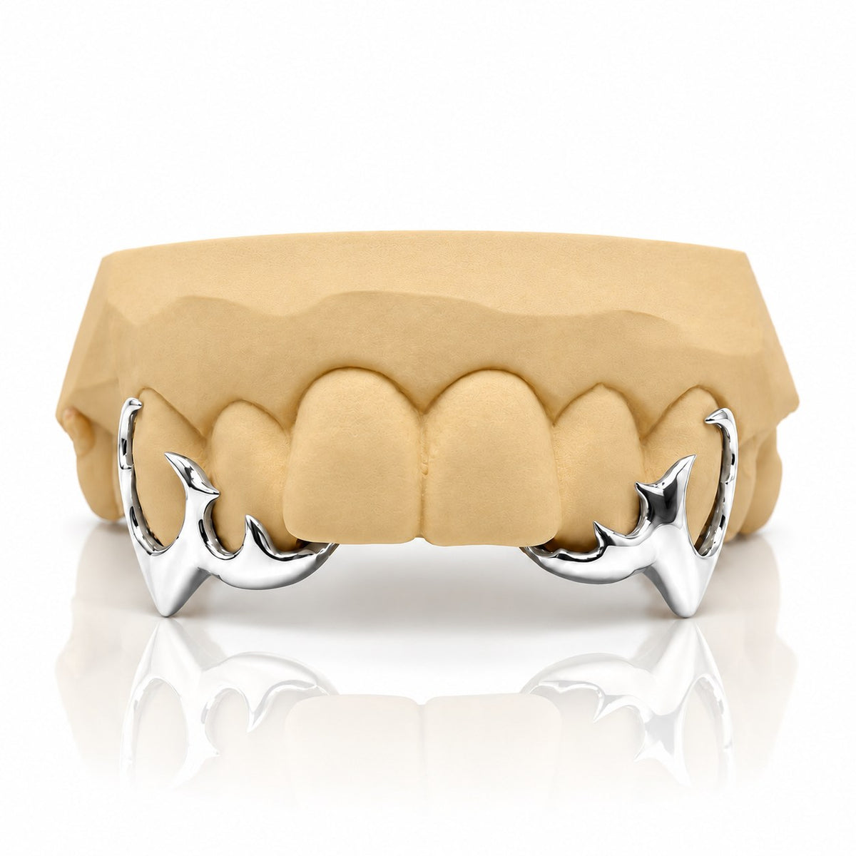 Custom 4pc top grillz with tribal open face and extended fangs, white 925 sterling silver - angle 3