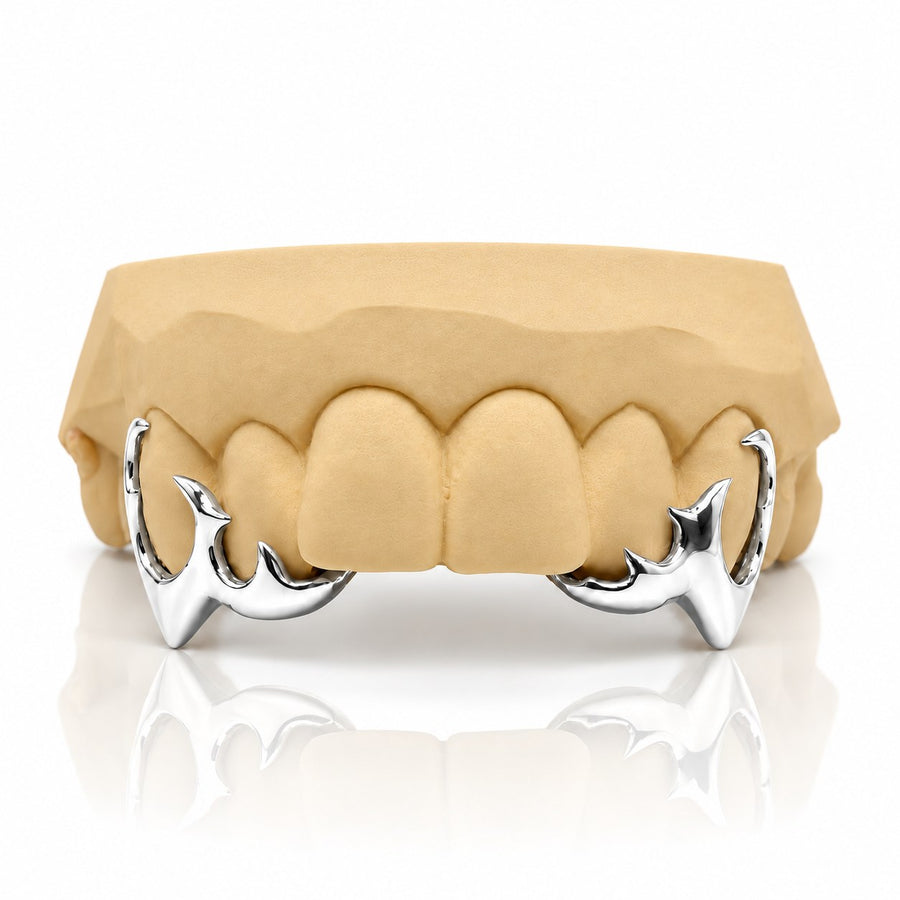 Custom 4pcs Tribal Open Face x Extended Fangs Grillz: 925 Sterling Silver (Free Mold Kit)