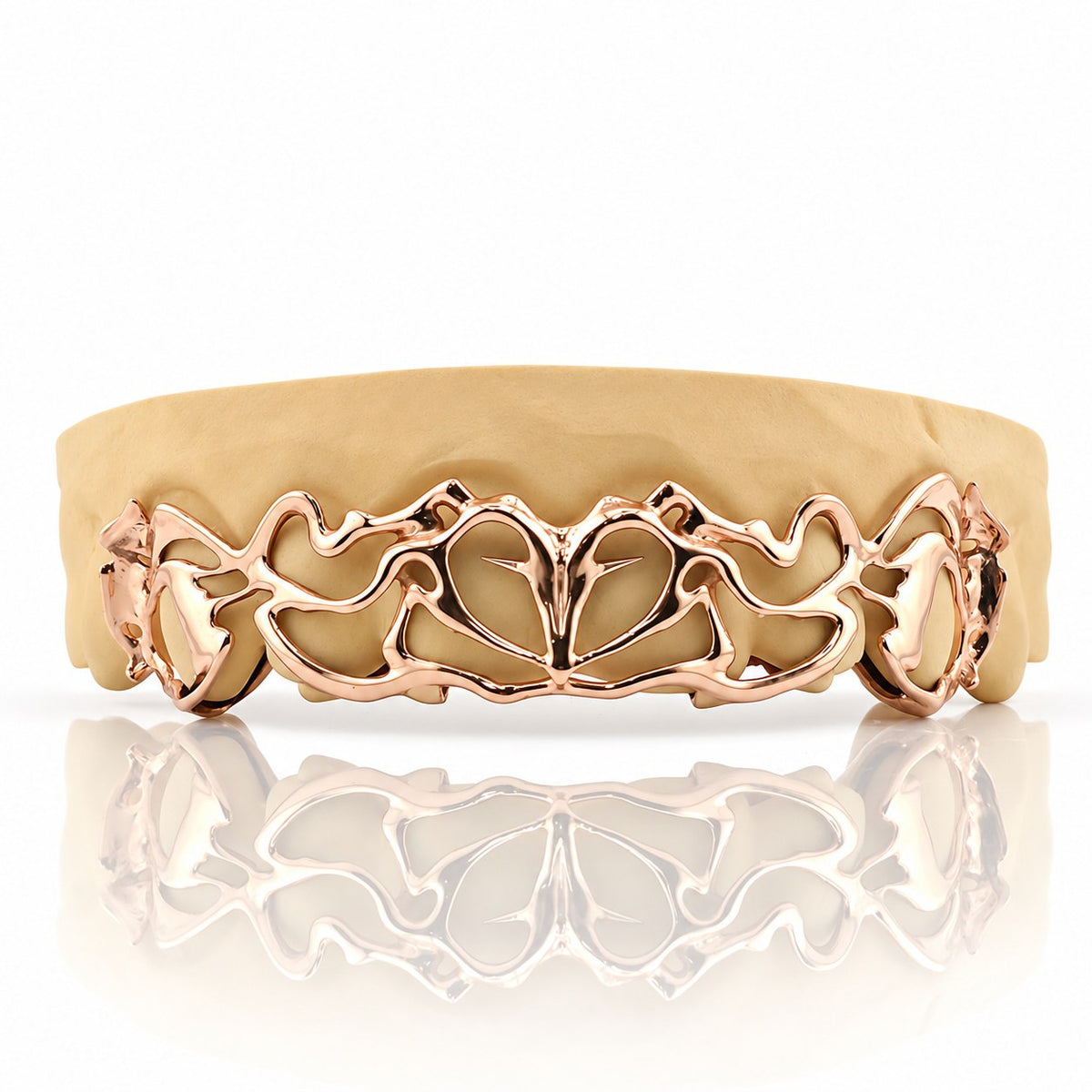 Custom 8pc top grillz with tribal openwork design, rose gold plated 925 silver - angle 1