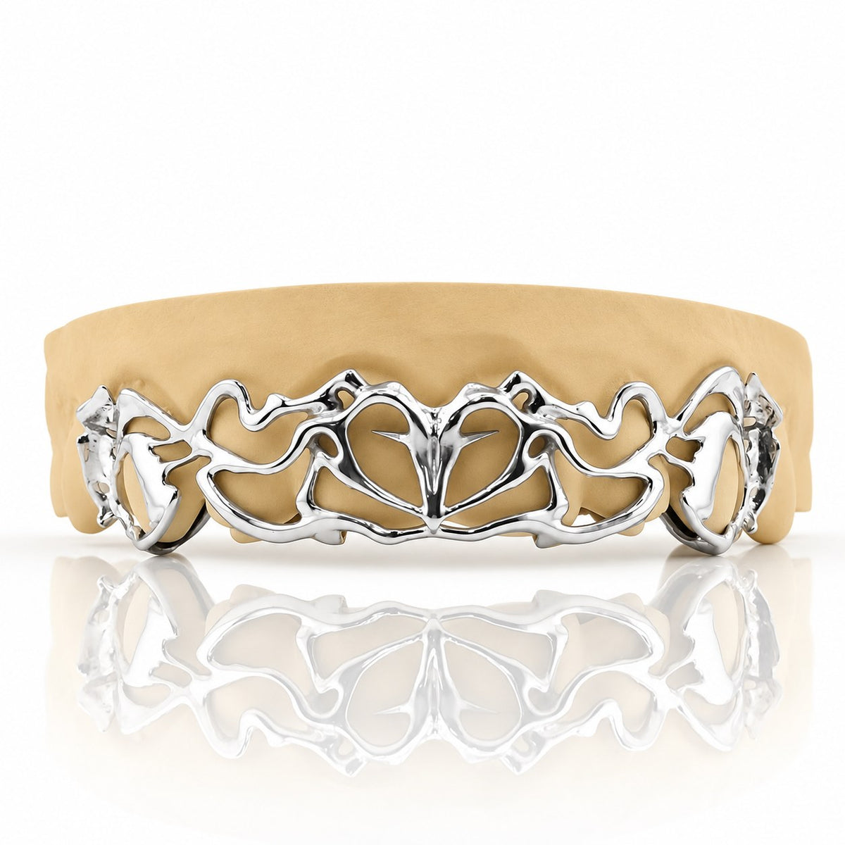 Custom 8pc top grillz with tribal openwork design, white 925 sterling silver - angle 1