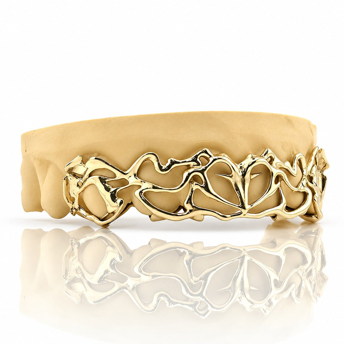 Custom 8pc top grillz with tribal openwork design, yellow gold plated 925 silver - angle 2