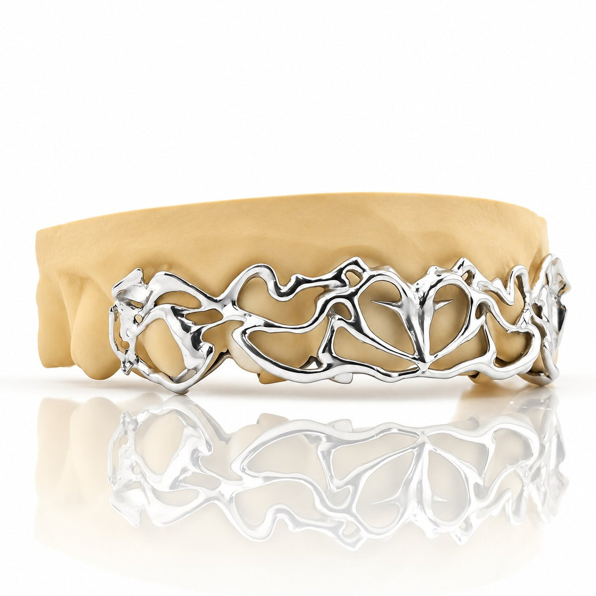 Custom 8pc top grillz with tribal openwork design, white 925 sterling silver - angle 2