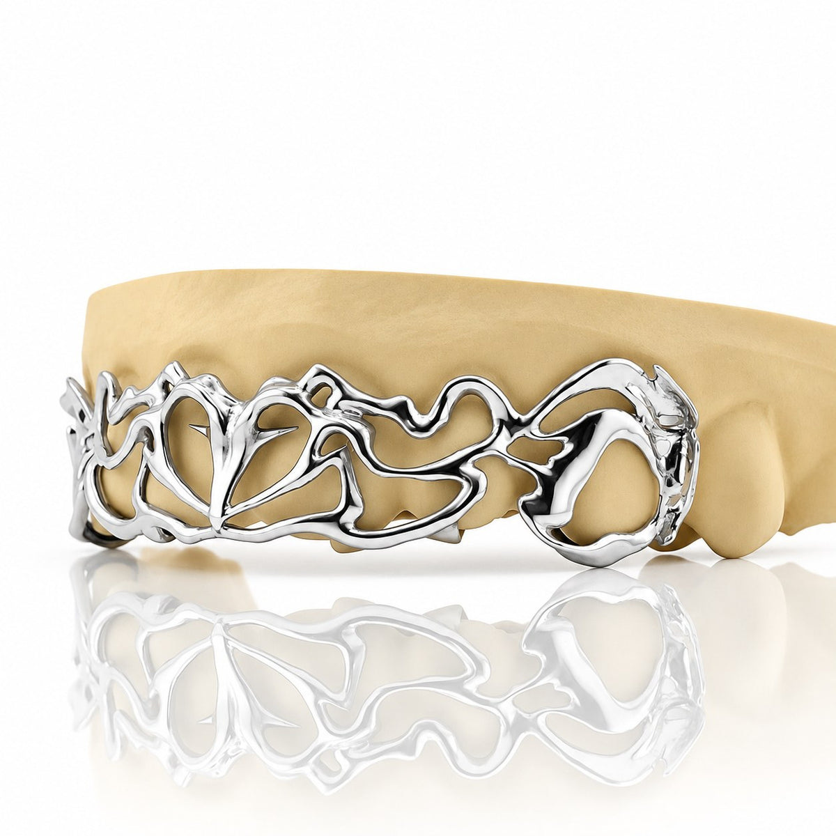 Custom 8pc top grillz with tribal openwork design, white 925 sterling silver - angle 3
