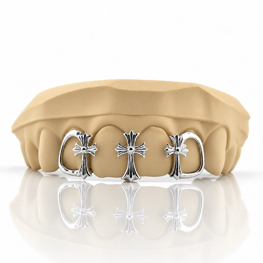 Custom 4pcs 3D Cross with Open Face Grillz: 925 Sterling Silver (Free Mold Kit)