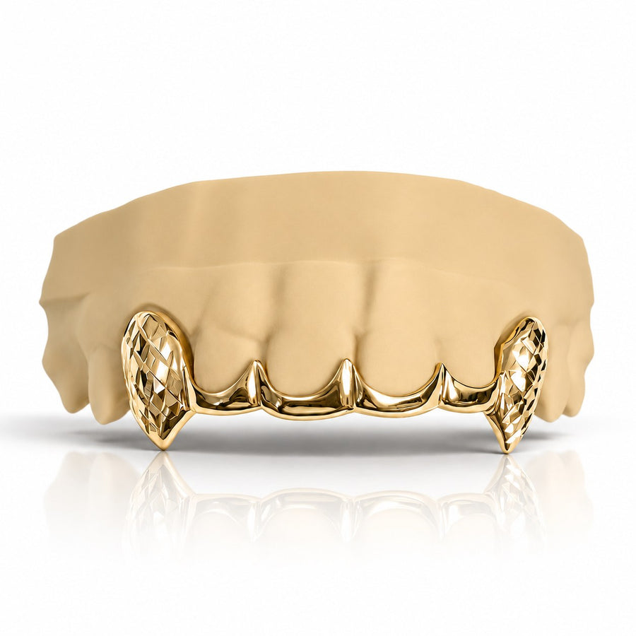 Custom 6pc Curved Front Bar x Diamond Cut Fangs Grillz: 925 Sterling Silver (Free Mold Kit)