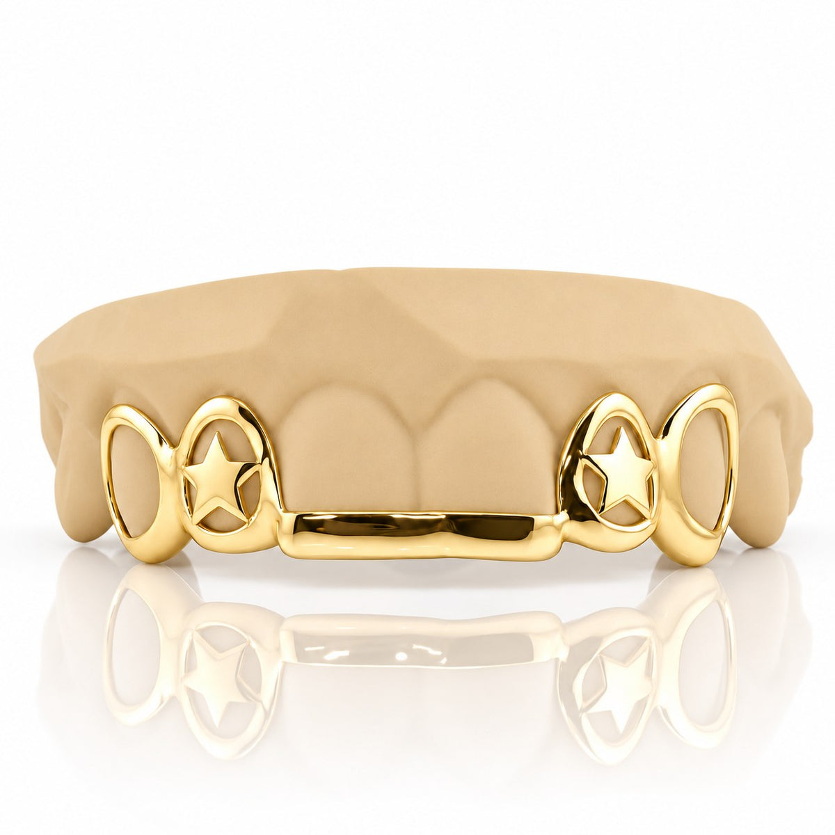 Custom top grillz with open face caps, 3D star cutouts and a front bar, yellow gold plated 925 silver - angle 1