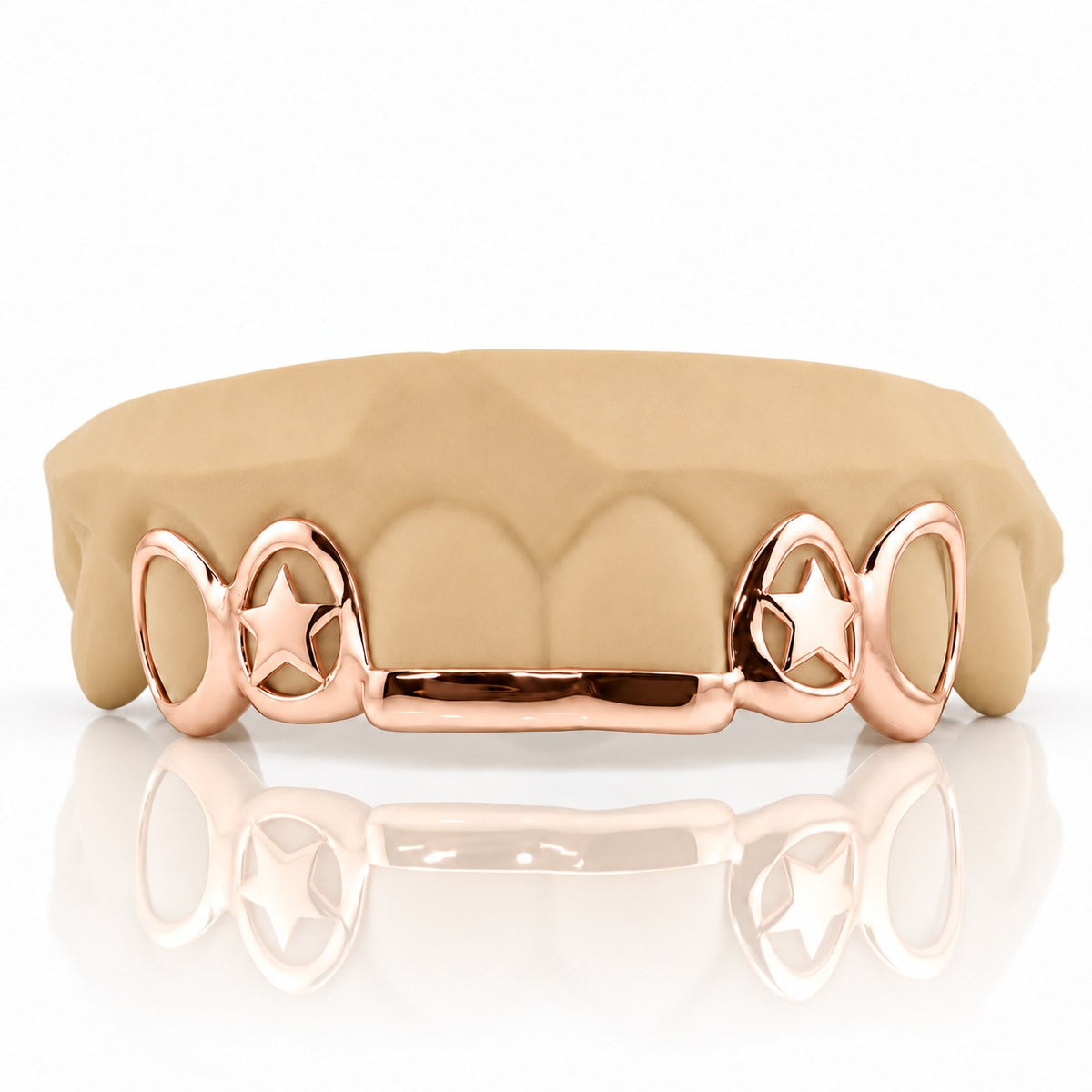 Custom top grillz with open face caps, 3D star cutouts and a front bar, rose gold plated 925 silver - angle 1