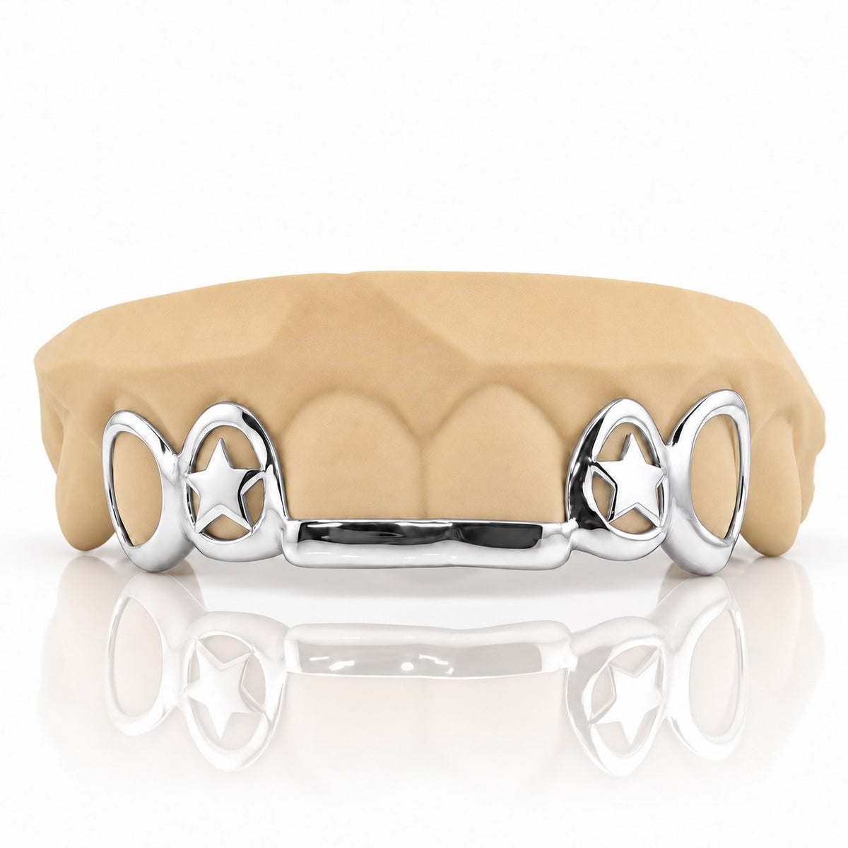 Custom top grillz with open face caps, 3D star cutouts and a front bar, white 925 sterling silver - angle 1