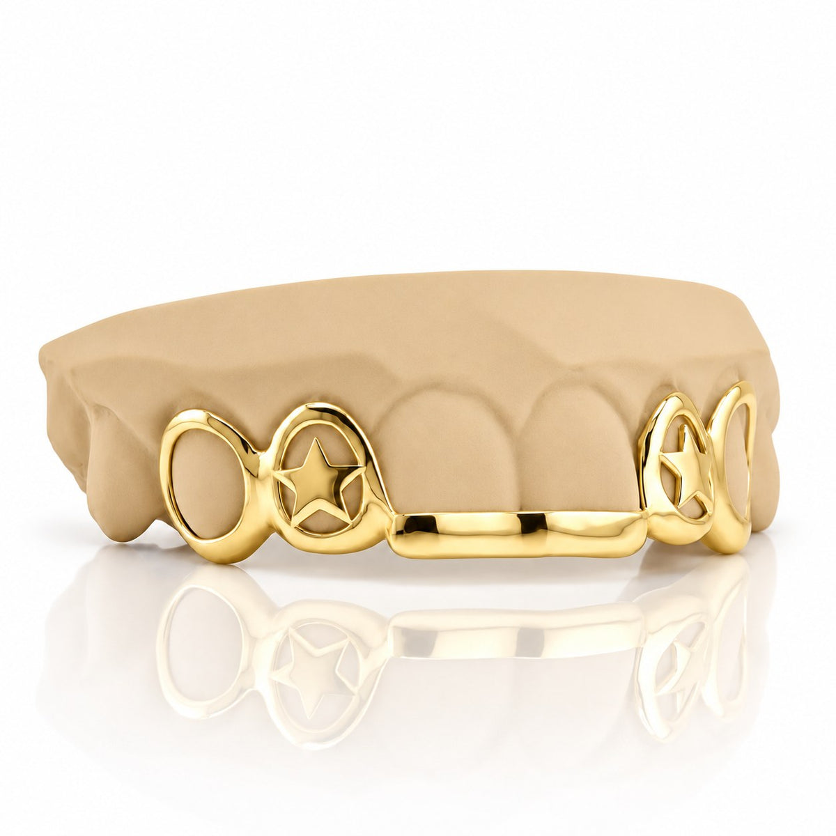 Custom top grillz with open face caps, 3D star cutouts and a front bar, yellow gold plated 925 silver - angle 2