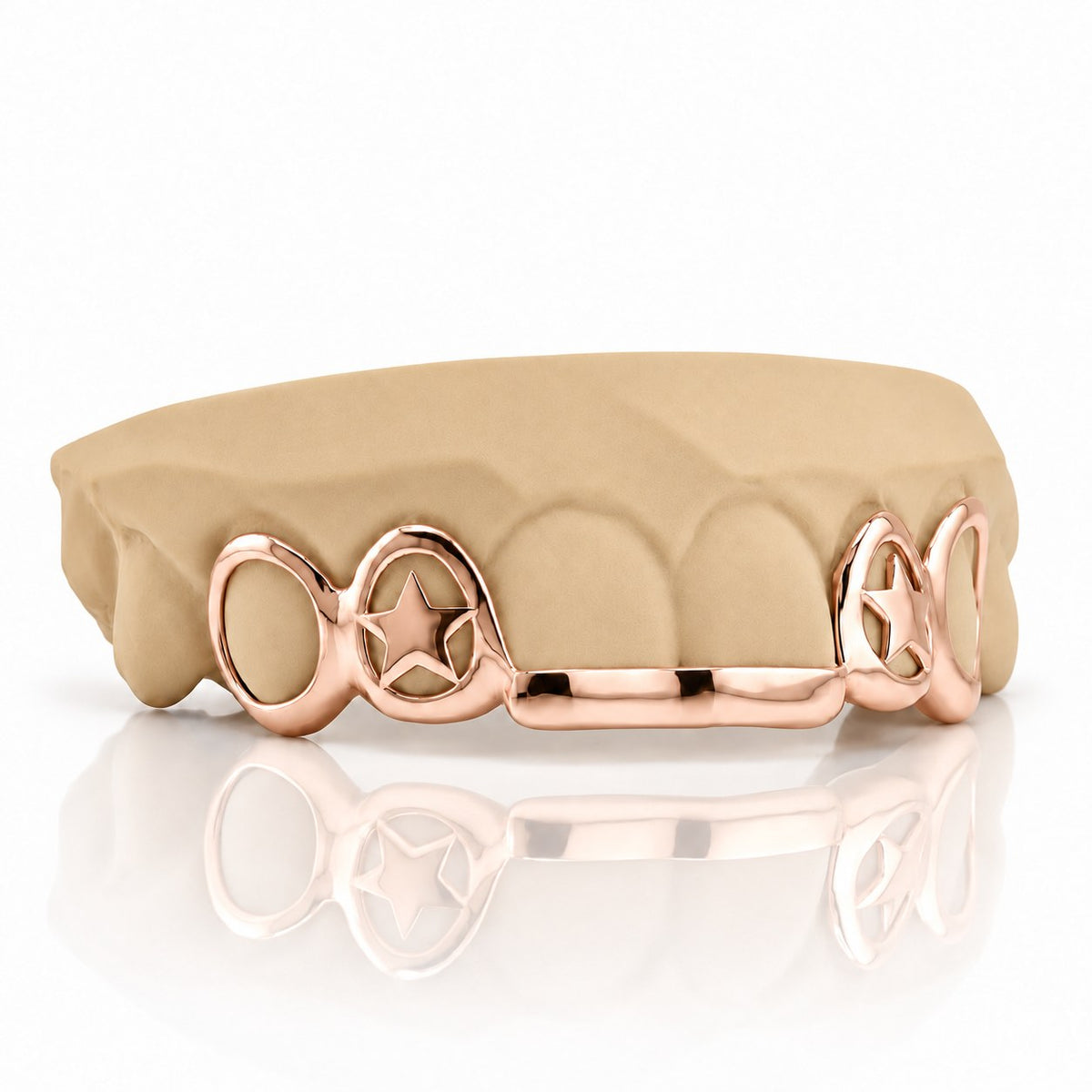 Custom top grillz with open face caps, 3D star cutouts and a front bar, rose gold plated 925 silver - angle 2